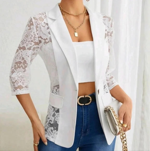 Contrast Lace Flap Detail Single Button Blazer - Picture 1 of 5